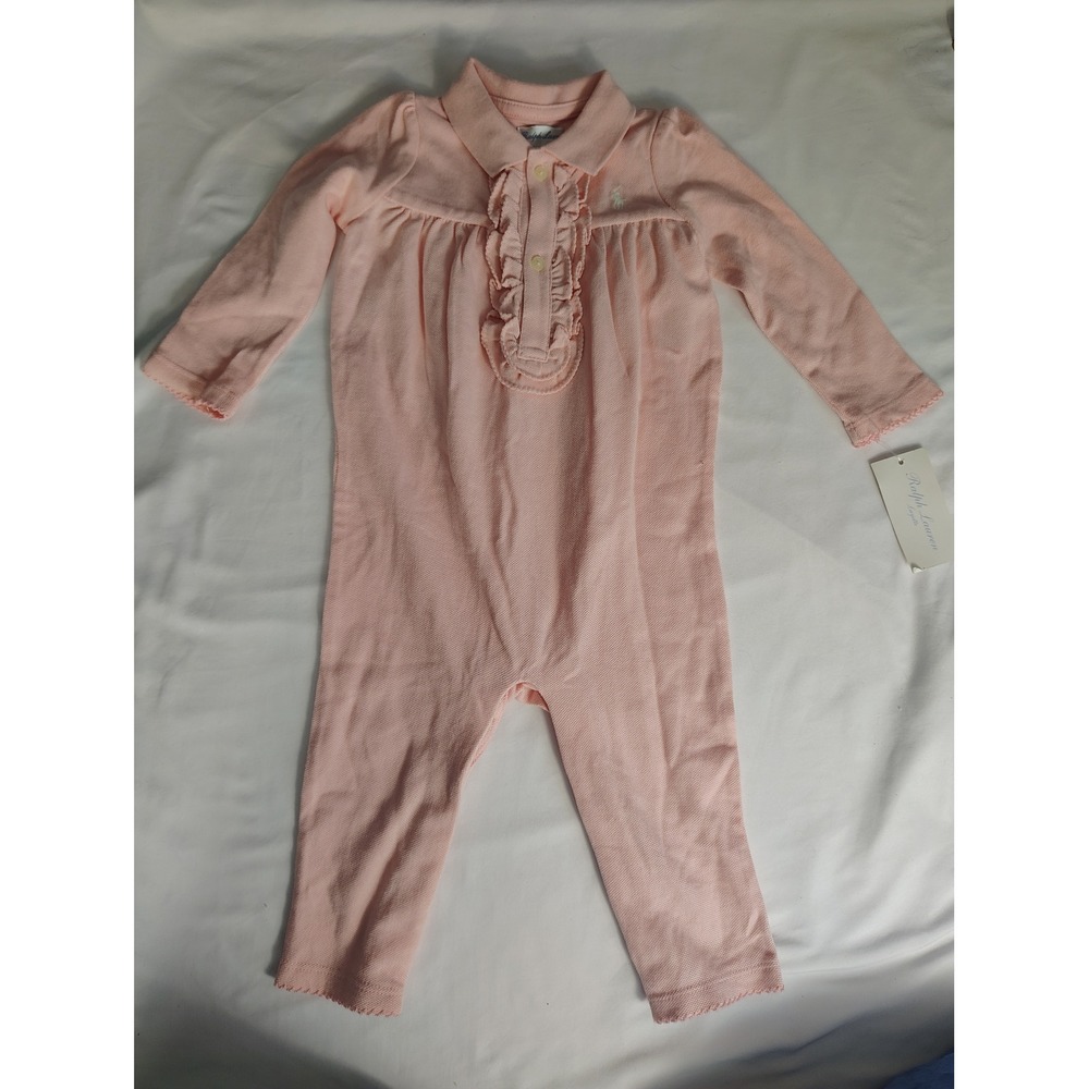 Ralph Lauren Baby Girls Pink Ruffle Polo Romper Long Sleeve 9M NWT 300113596679